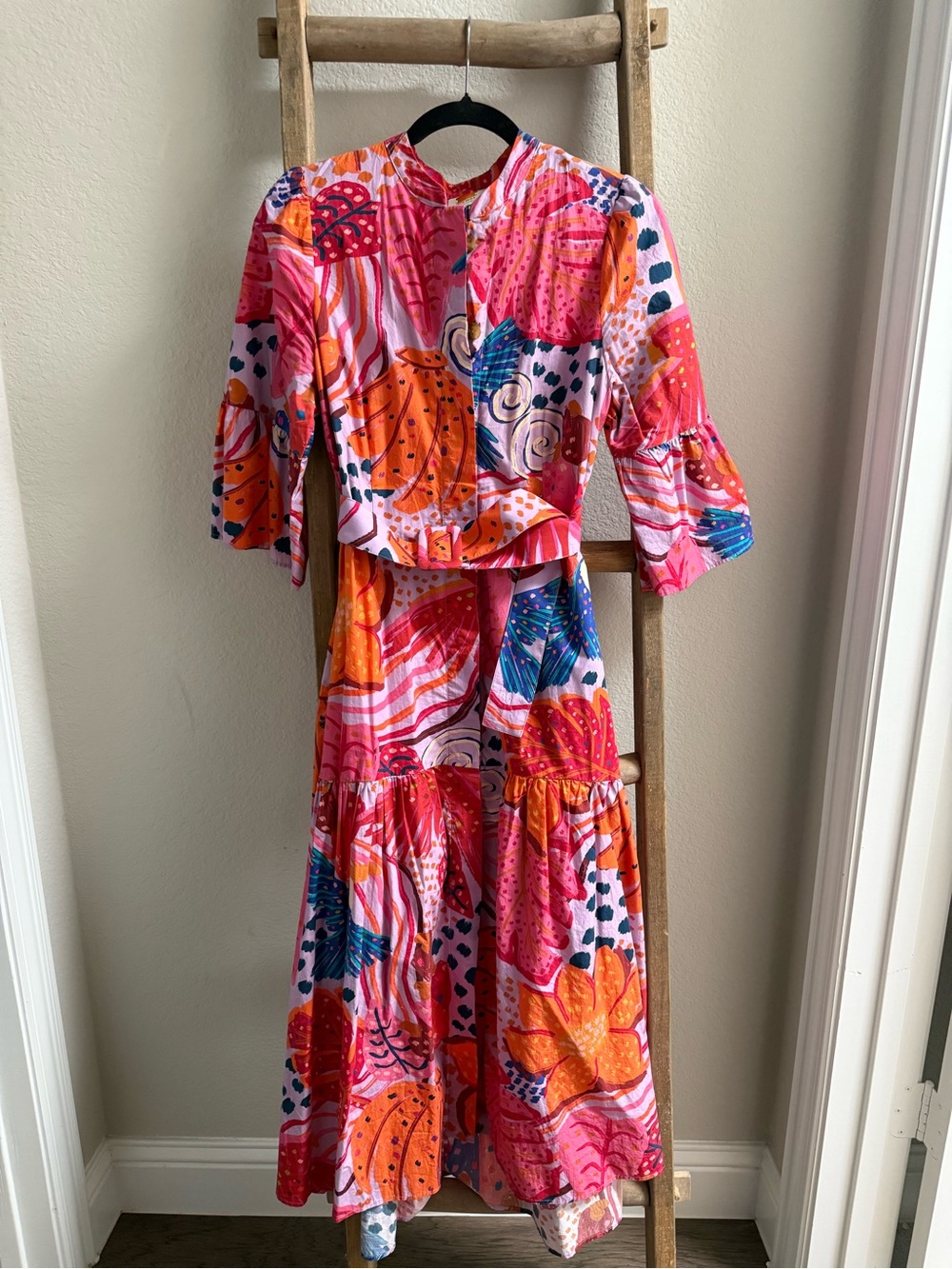 FARM Rio Pink & Orange Floral Tiered Midi Dress